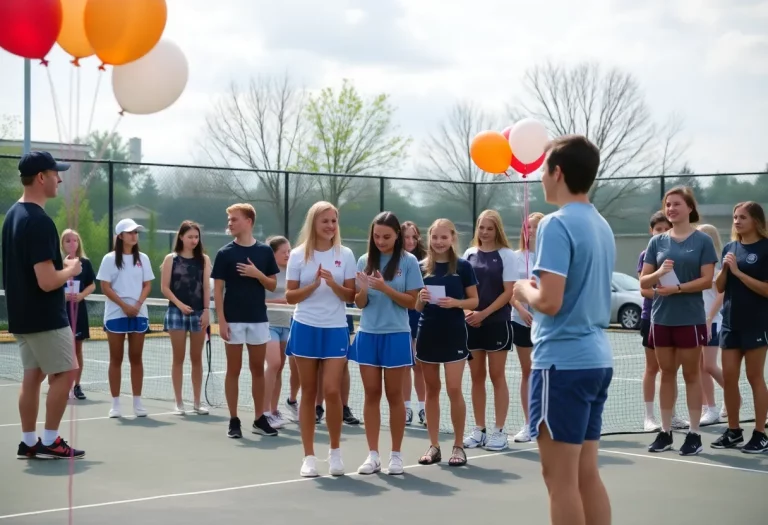 Fort Defiance girls tennis team celebrating their coach's retirement