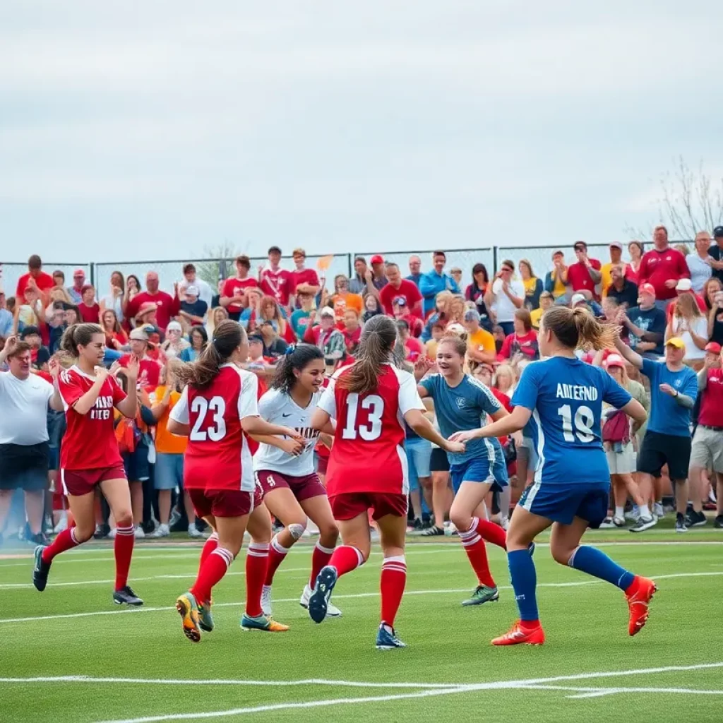 Frankenmuth girls soccer team celebrating their district championship victory