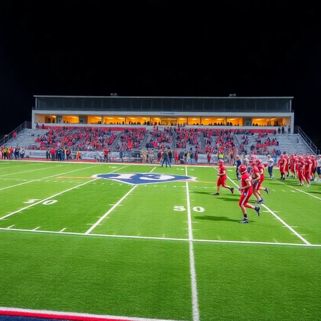 Georgia high school football teams warming up on a field