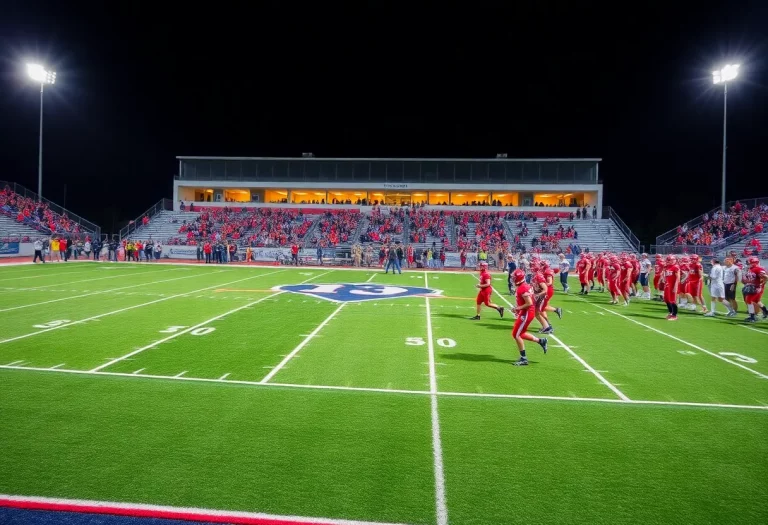 Georgia high school football teams warming up on a field