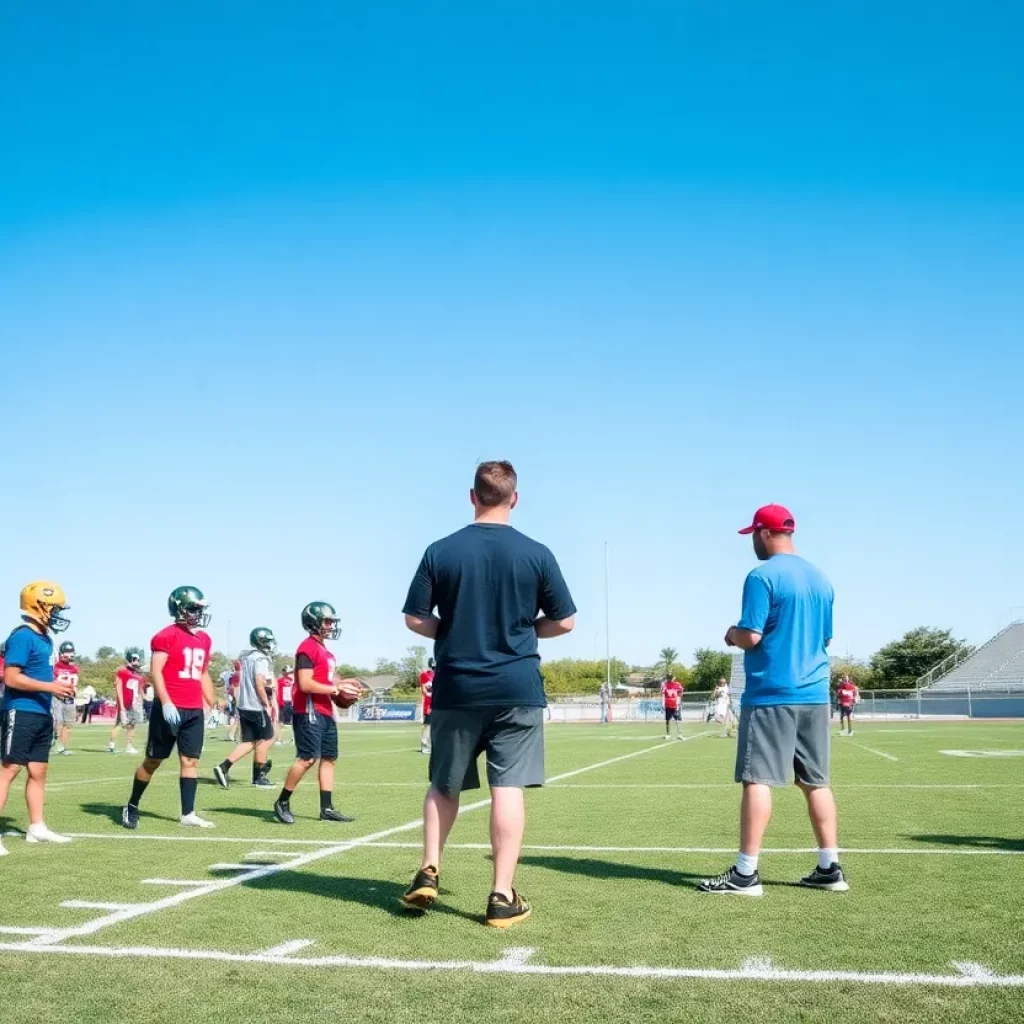 High school football coaches on the field during practice