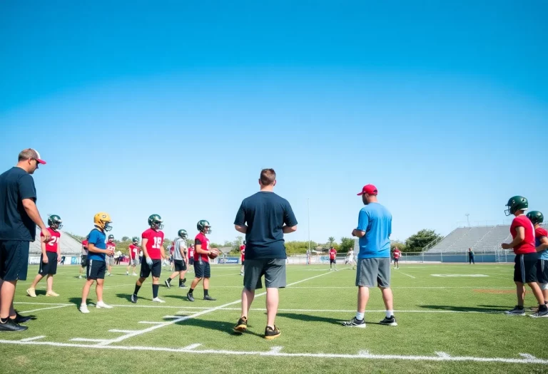 High school football coaches on the field during practice