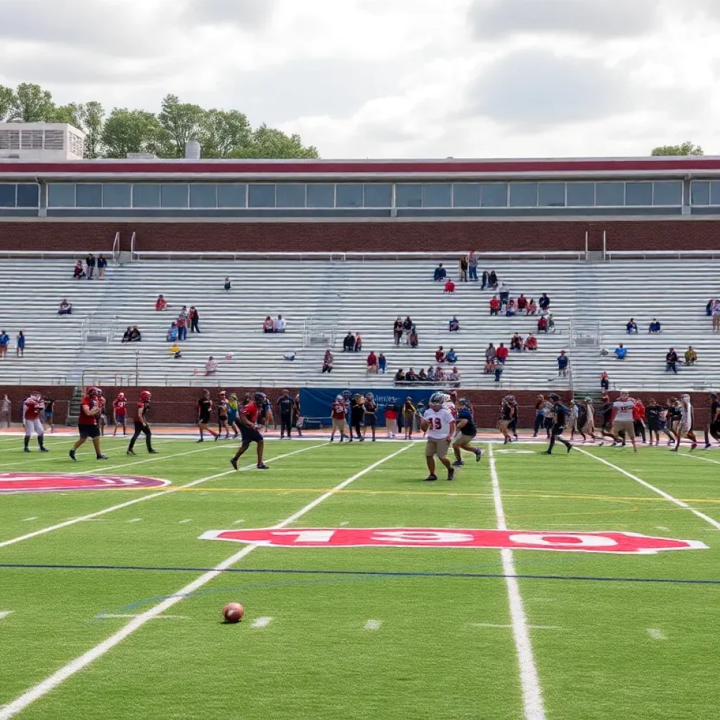High school football players practicing on a field in Georgia