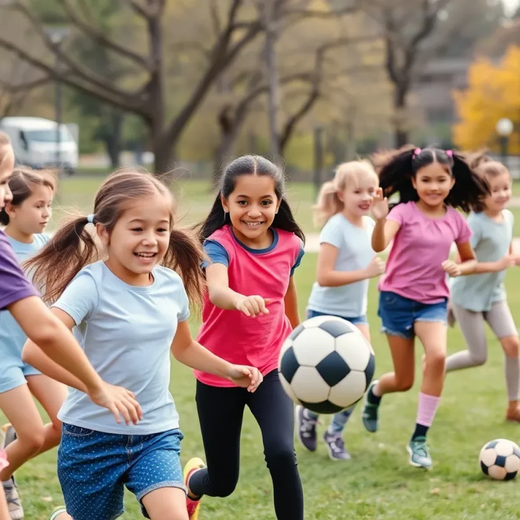 Diverse young girls engaging in a flag football game