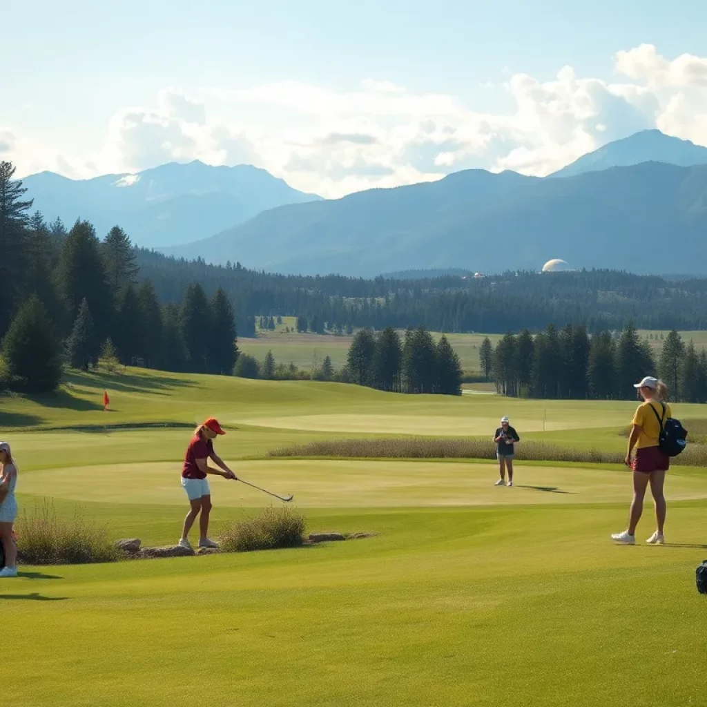 Scene from a girls golf tournament with players and beautiful scenery.