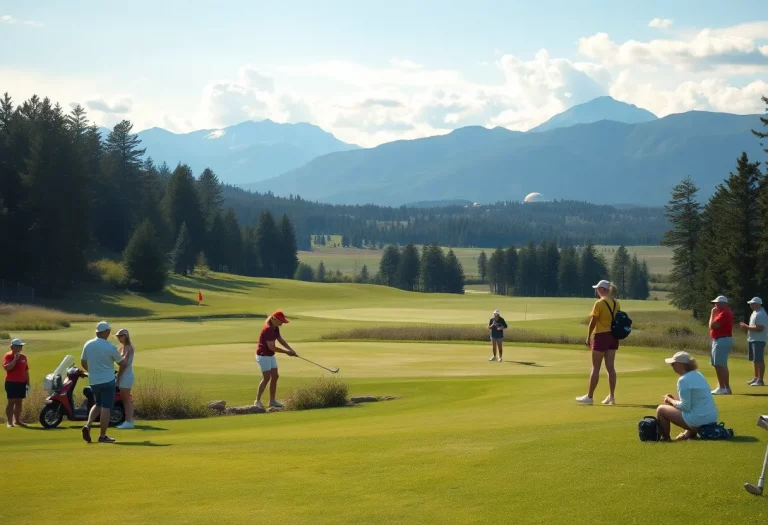 Scene from a girls golf tournament with players and beautiful scenery.