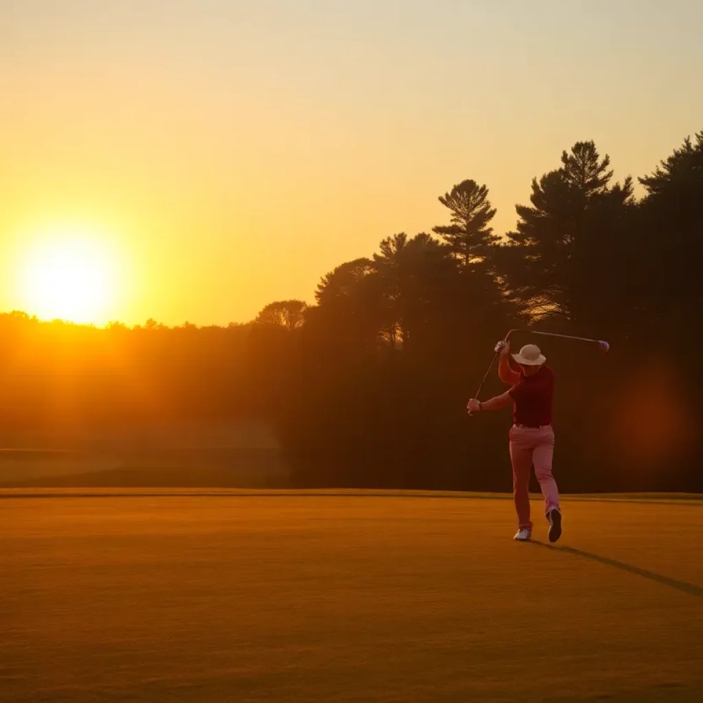 Golfers practicing at sunset on a beautiful course