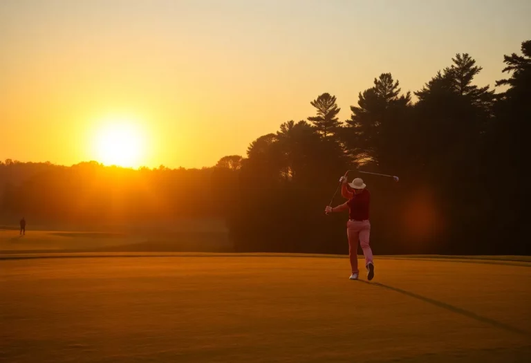Golfers practicing at sunset on a beautiful course