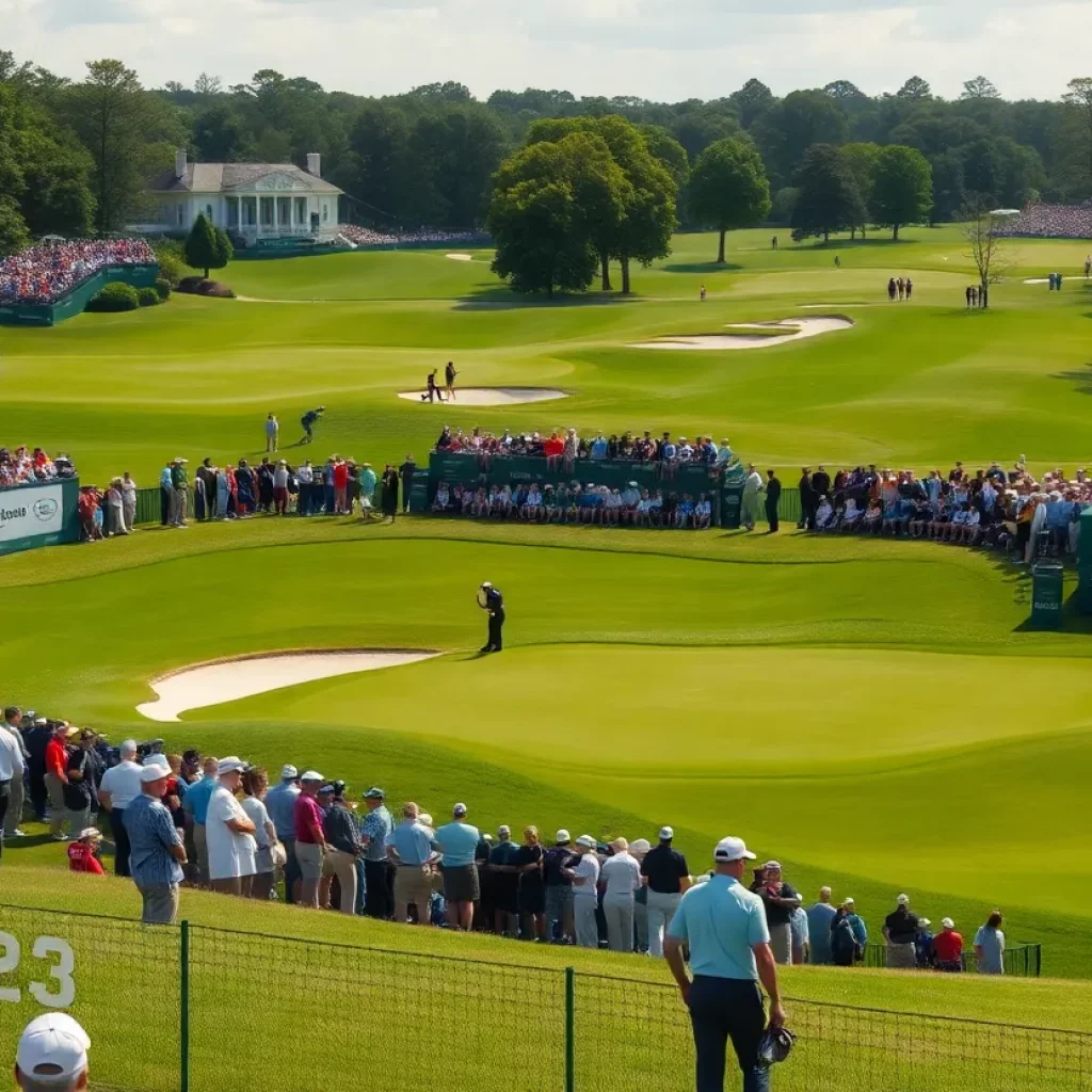 A beautiful golf course during a major tournament with spectators watching.