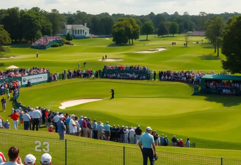 A beautiful golf course during a major tournament with spectators watching.