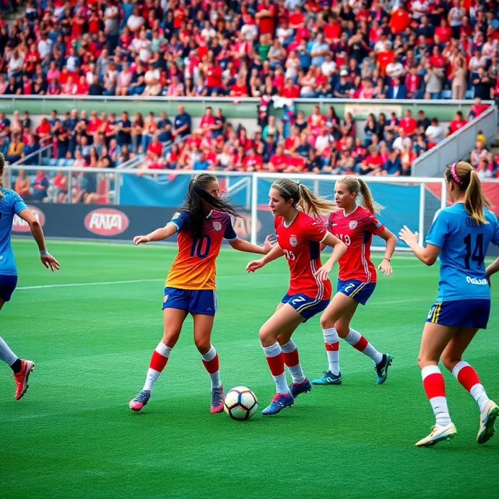 Grand Rapids Catholic Central girls soccer team celebrating their victory with the championship trophy.