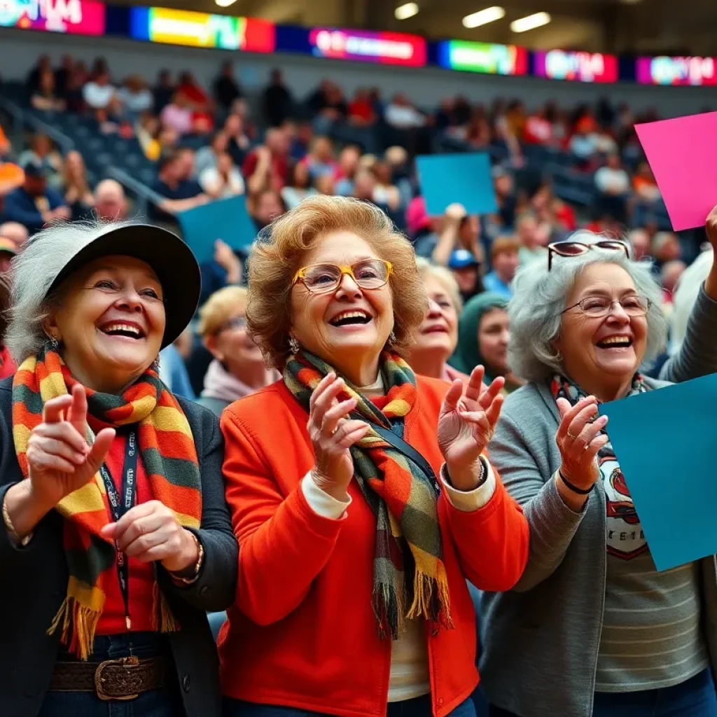 Elderly women cheering at a basketball game