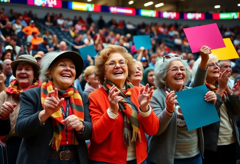 Elderly women cheering at a basketball game