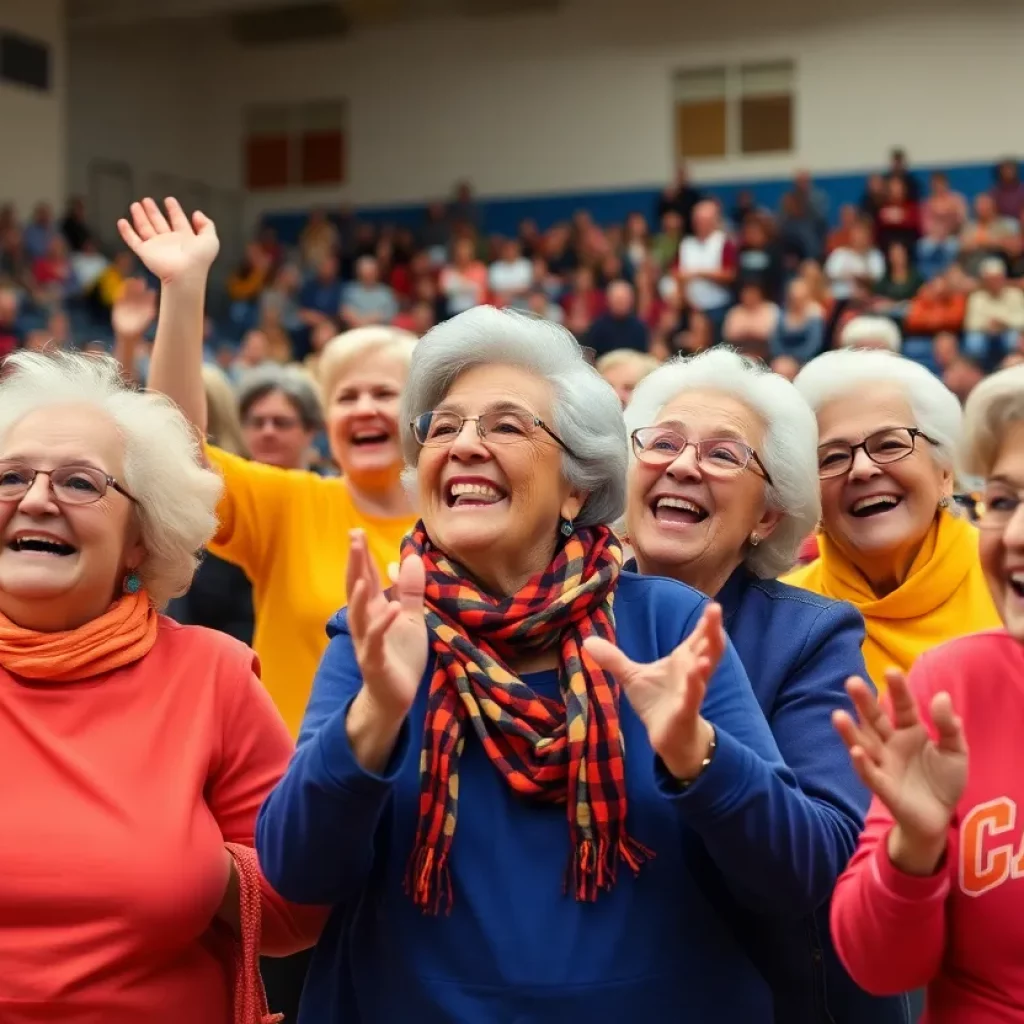 Enthusiastic grandmothers cheering at a high school basketball game