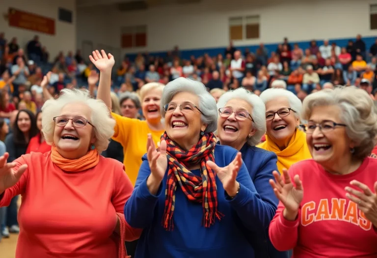 Enthusiastic grandmothers cheering at a high school basketball game