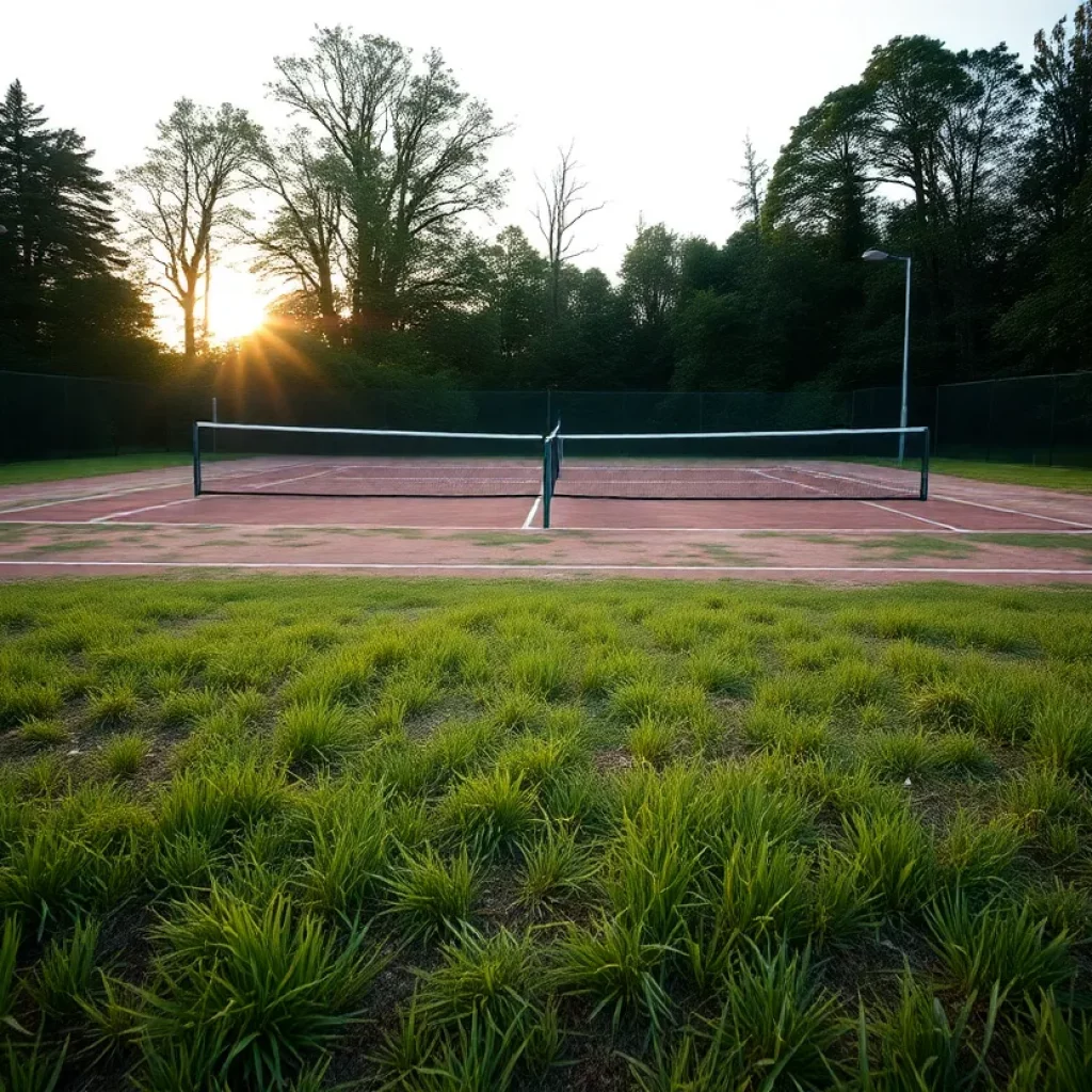 An empty tennis court in disrepair at Gridley High School