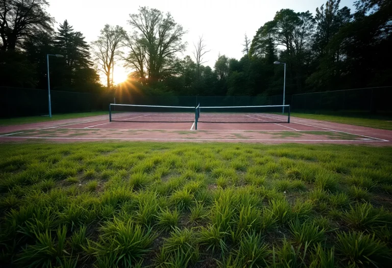 An empty tennis court in disrepair at Gridley High School