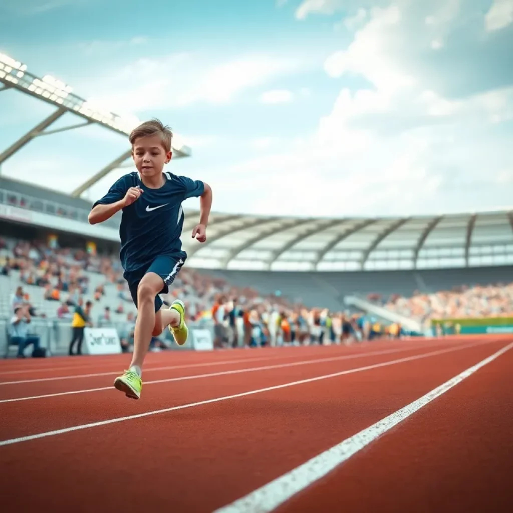 Young athlete sprinting on track at a track and field event