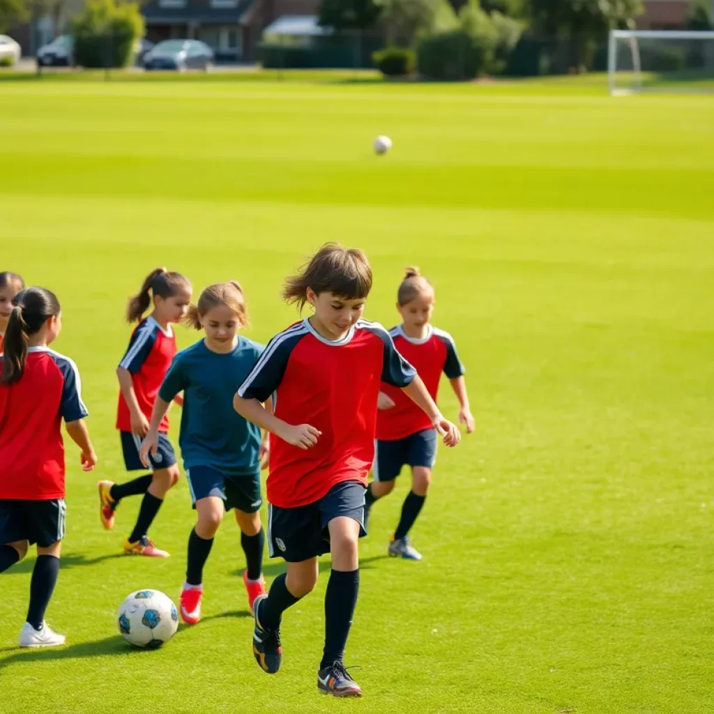Soccer players training on a field