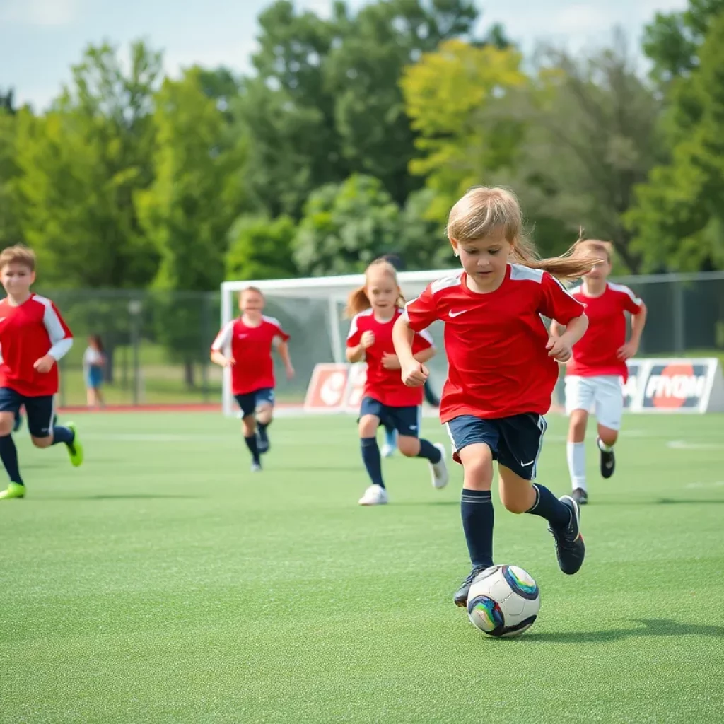 Young soccer players practicing on the field