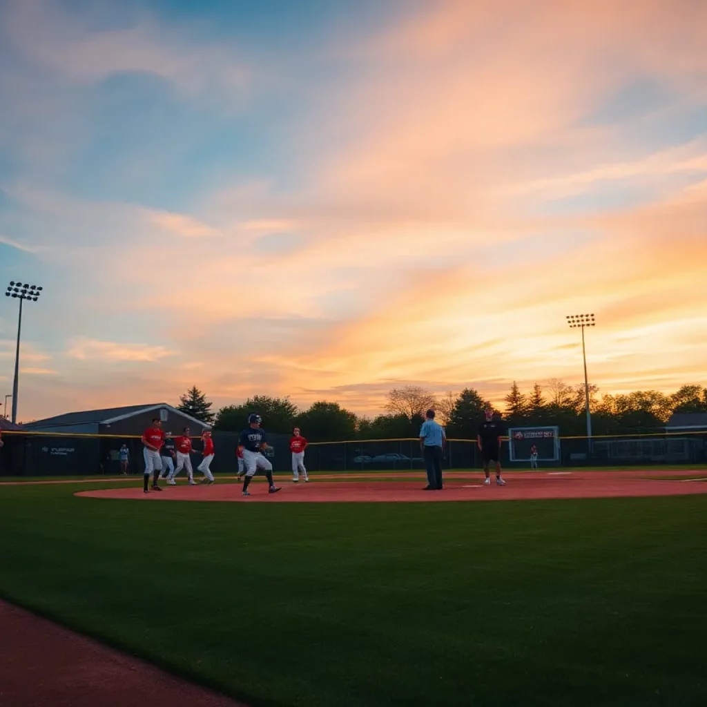Action shot of high school baseball players on a field.