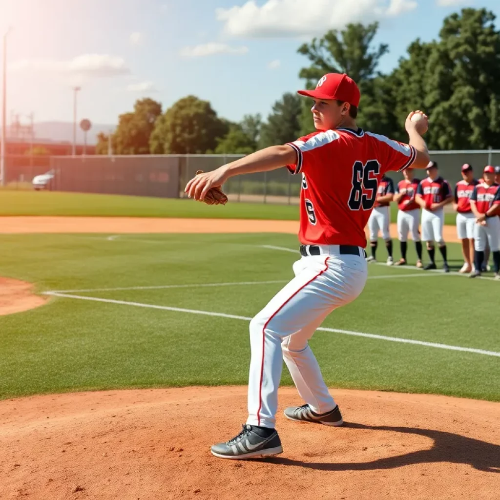 A high school baseball player pitching with enthusiasm and teammates in the background.