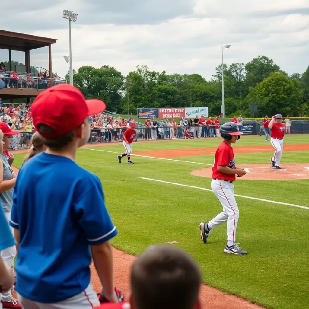 High school baseball players in North Carolina playing a game with enthusiastic fans in the background.