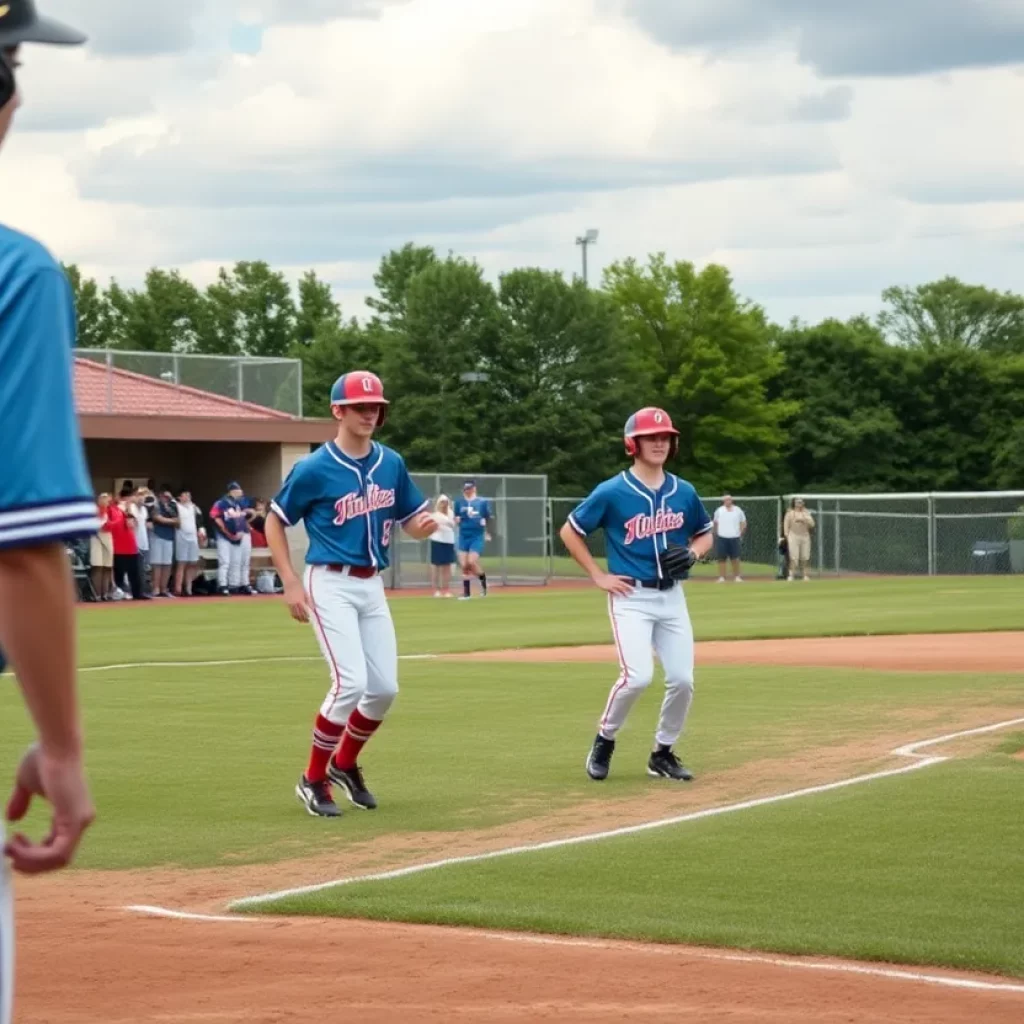 A vibrant scene from a high school baseball game, featuring players in action.