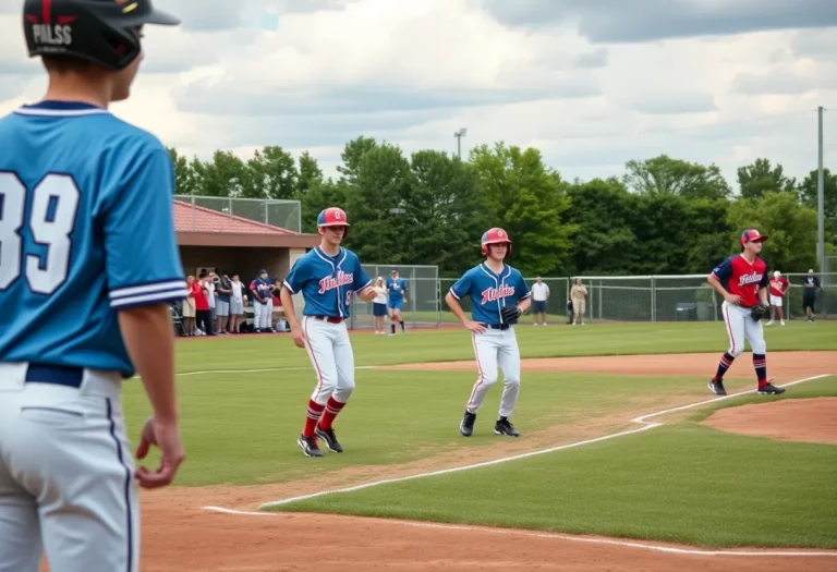 A vibrant scene from a high school baseball game, featuring players in action.