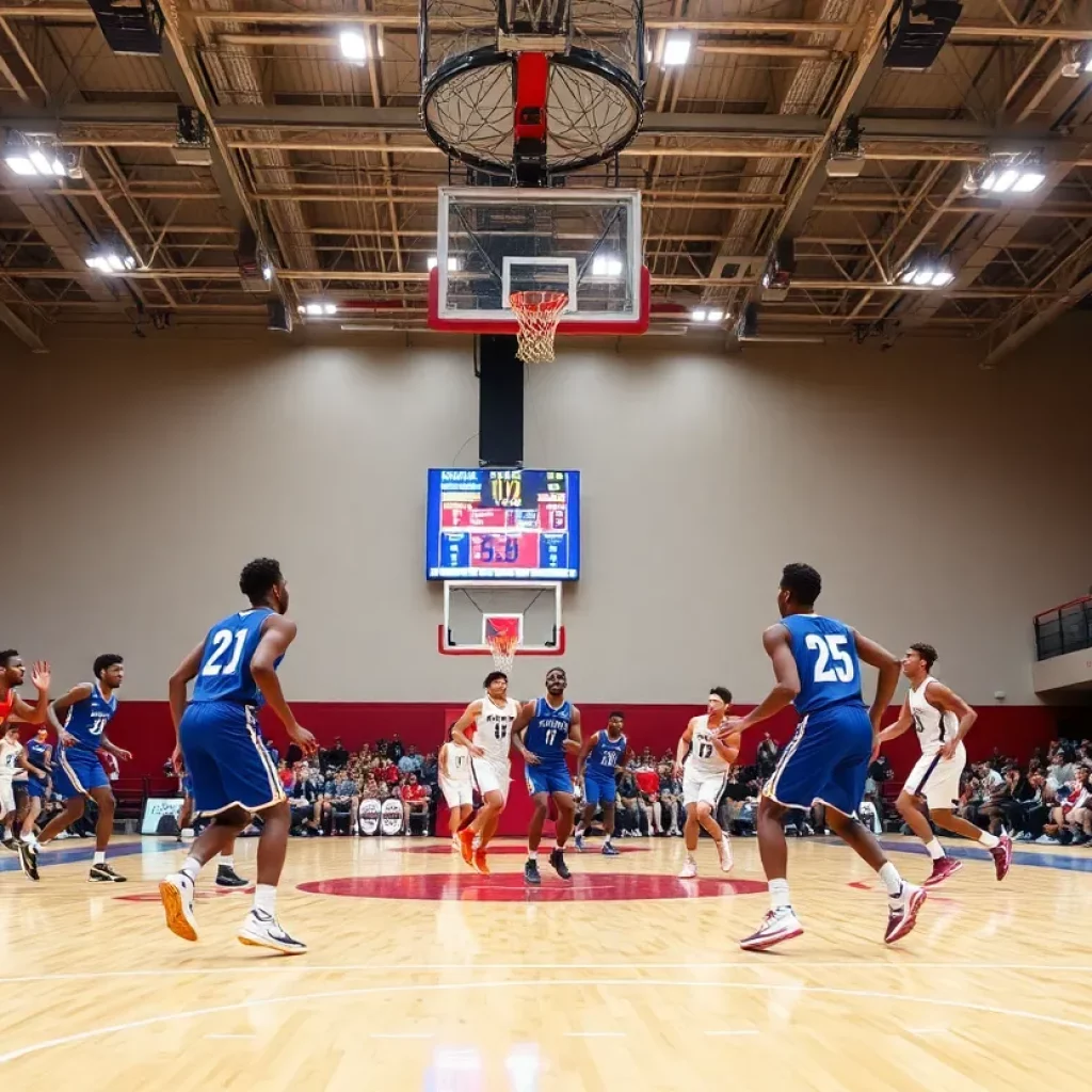 Players competing on a high school basketball court