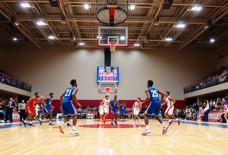 Players competing on a high school basketball court