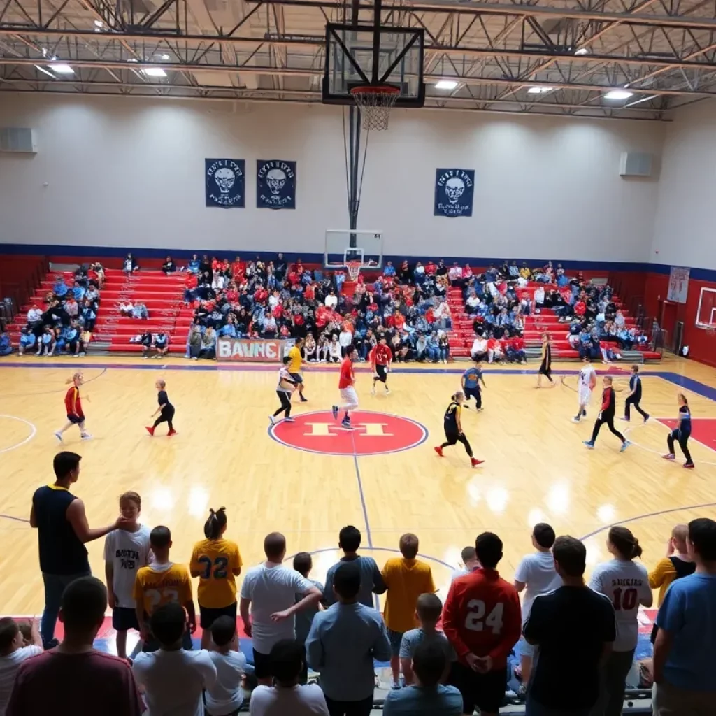 Players in a high school basketball game showcasing teamwork