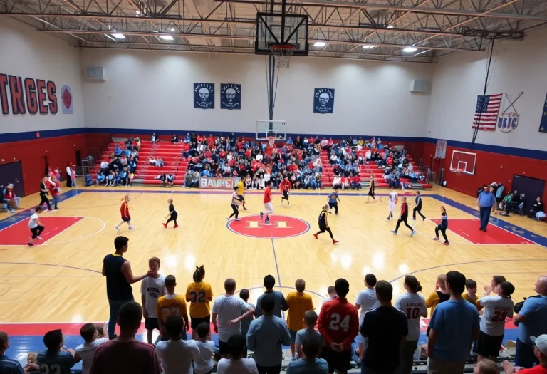 Players in a high school basketball game showcasing teamwork