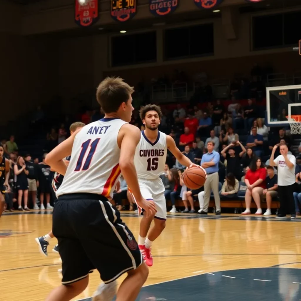 High school basketball players in action on a court