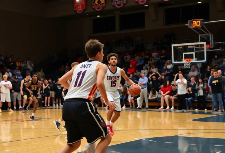 High school basketball players in action on a court