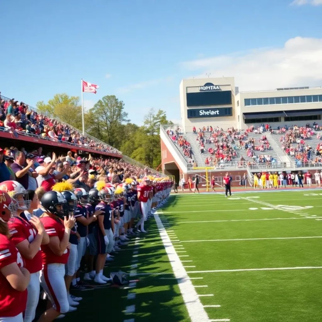 High school football teams competing on the field with fans cheering.