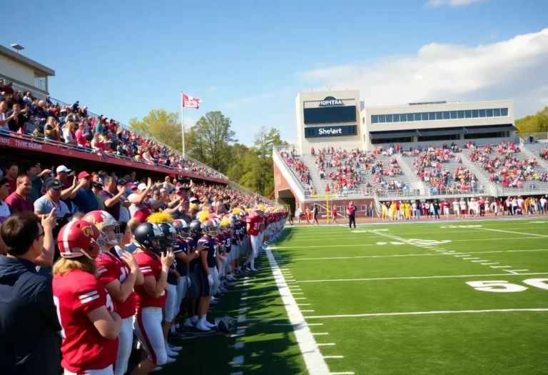 High school football teams competing on the field with fans cheering.