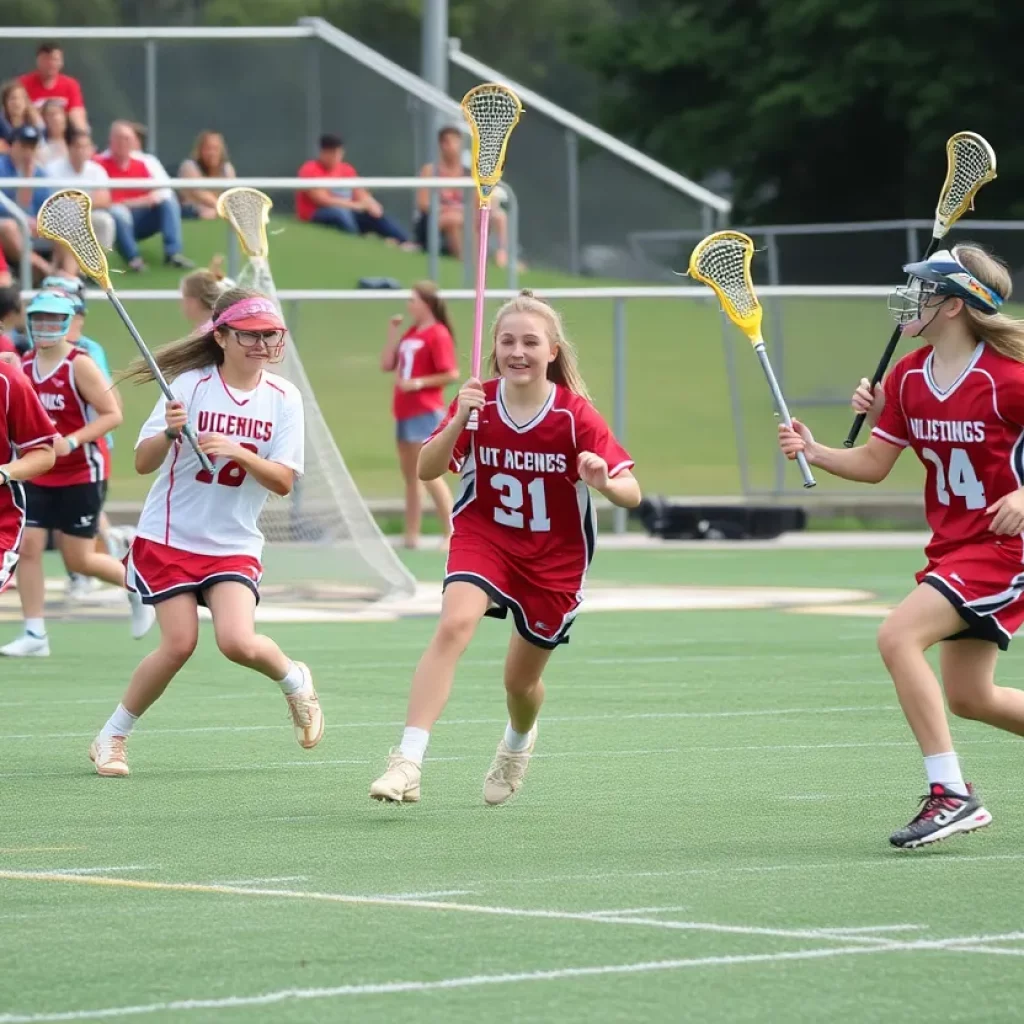 High school girls lacrosse players in action during a game.