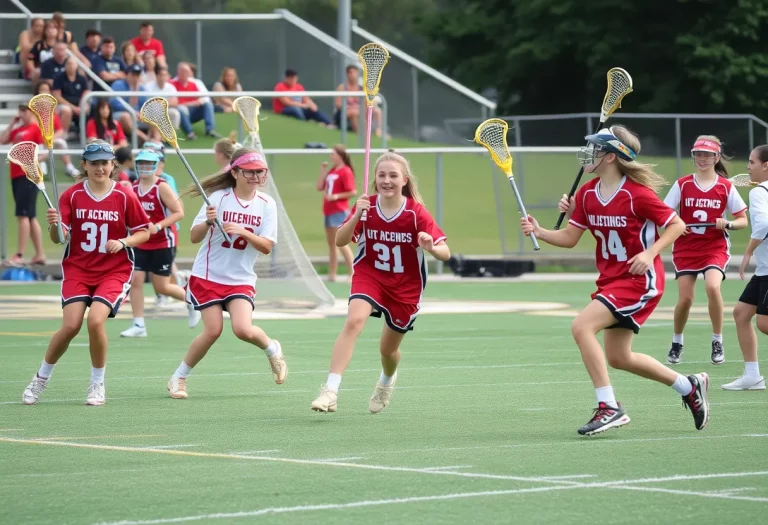 High school girls lacrosse players in action during a game.
