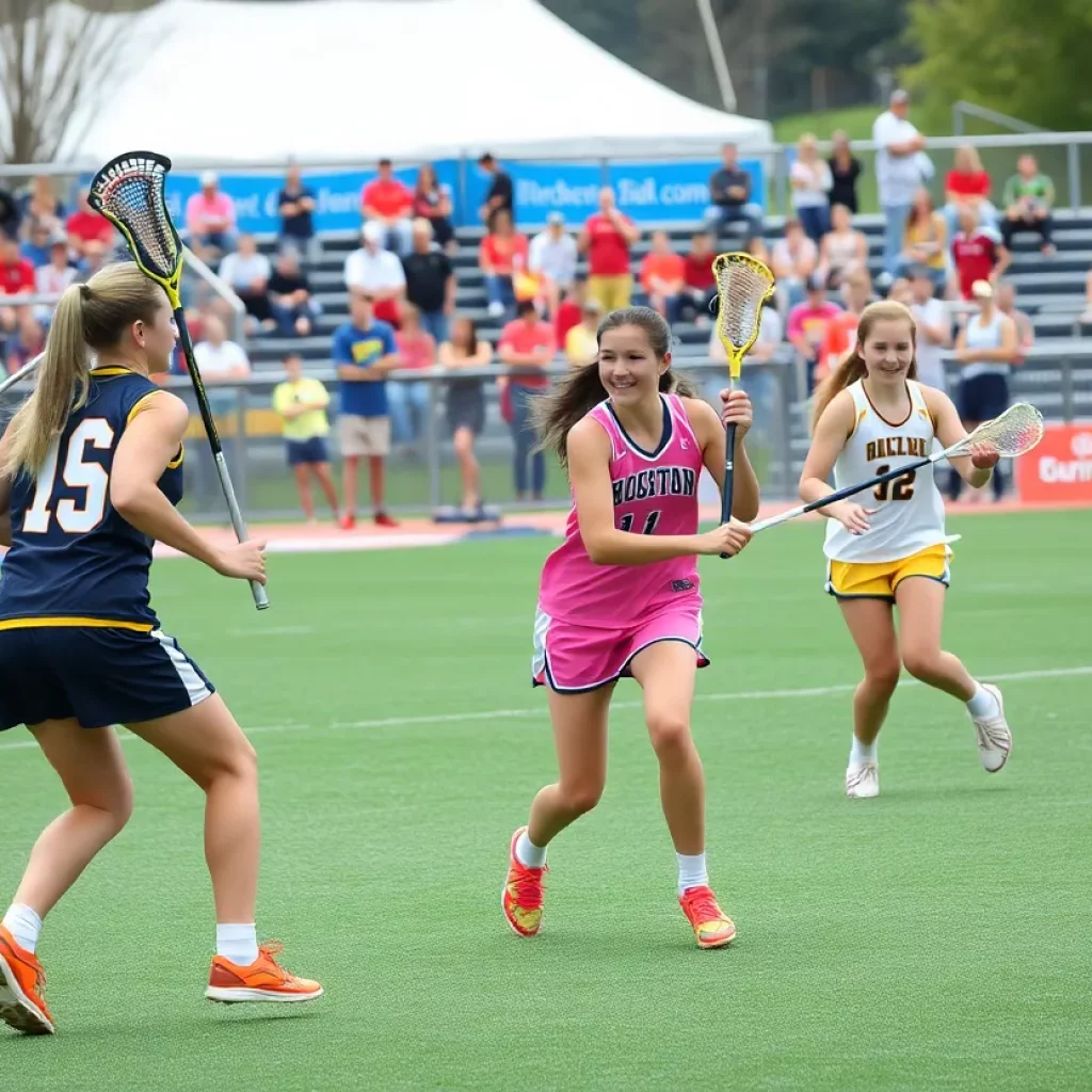 Girls playing lacrosse during a high school match