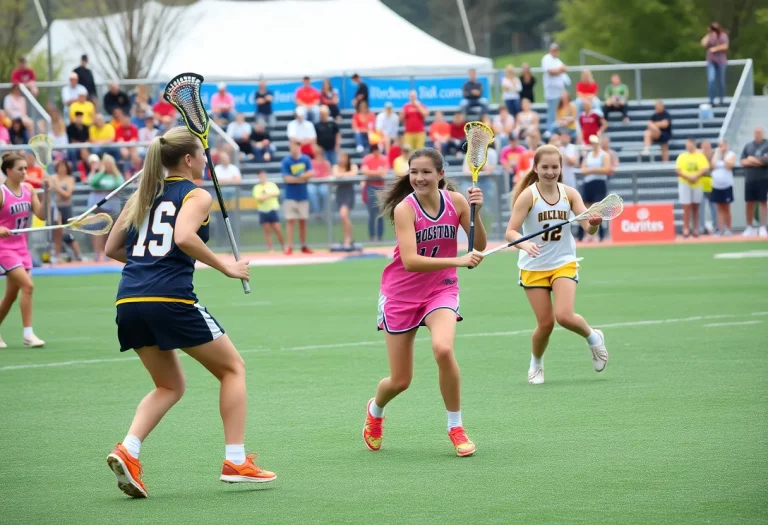 Girls playing lacrosse during a high school match