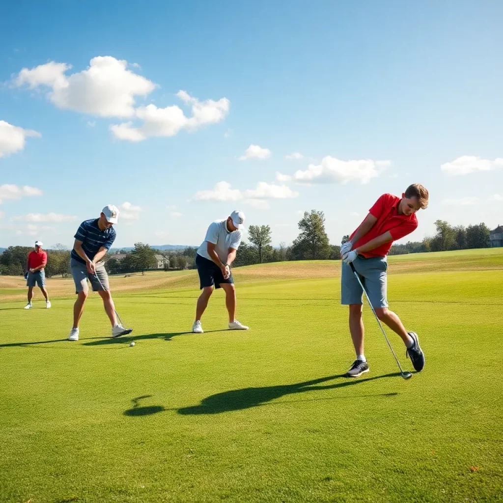 High school golfers participating in a state tournament on a green golf course