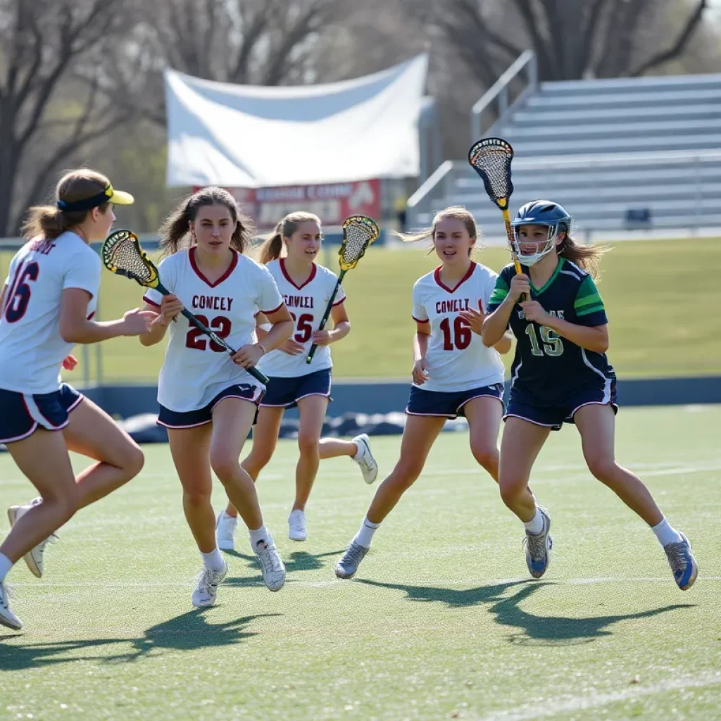 High school lacrosse players competing fiercely on the field.