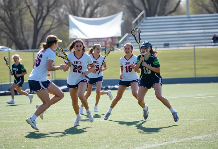 High school lacrosse players competing fiercely on the field.