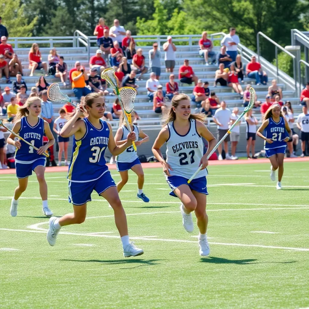 High school lacrosse players in action on the field