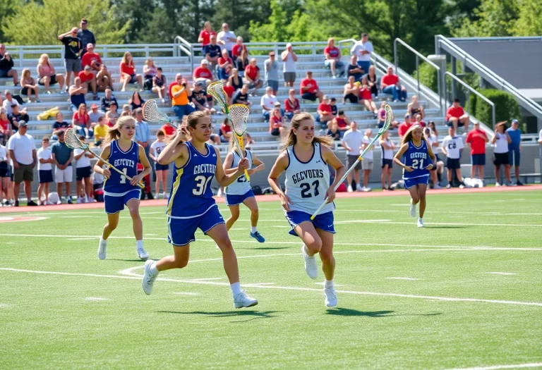 High school lacrosse players in action on the field