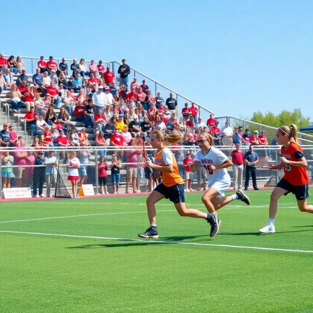 High school lacrosse players competing in a game