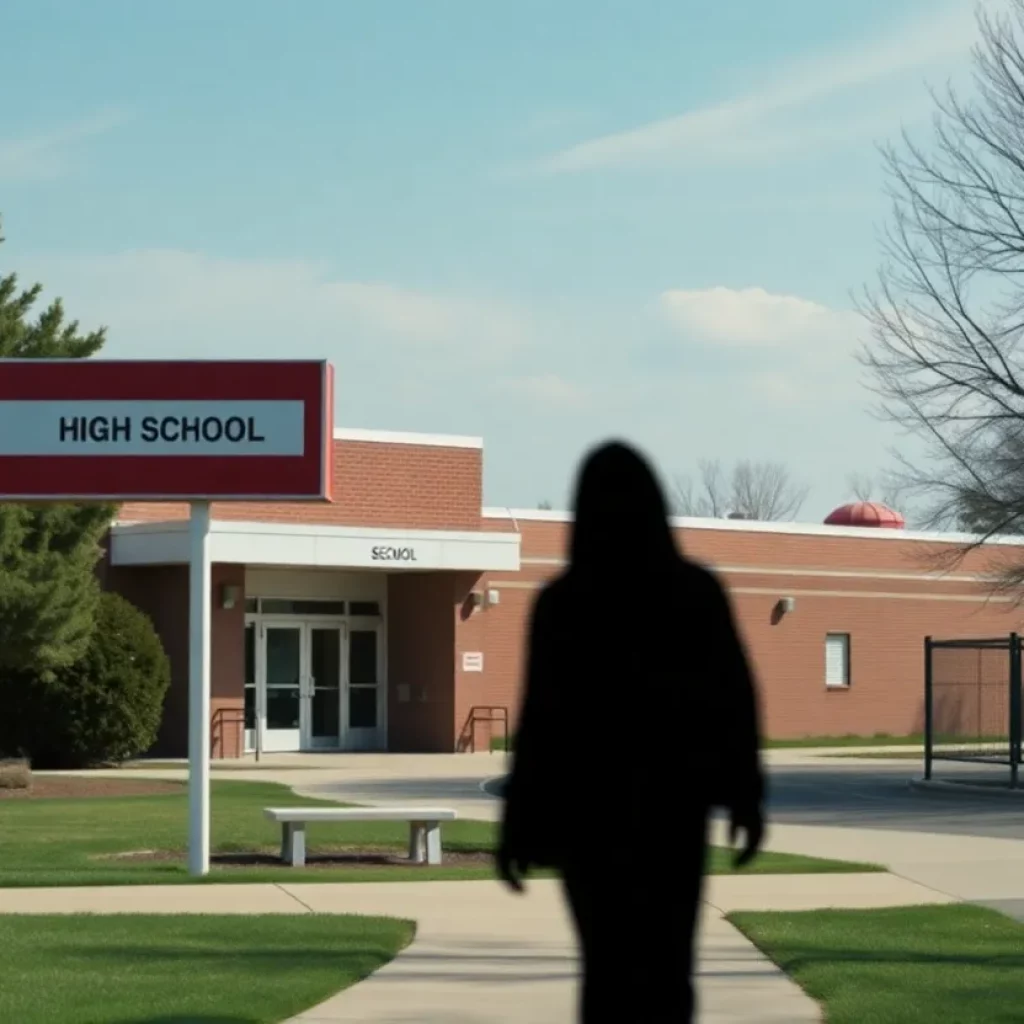 Exterior of a high school with trees and playground, symbolizing student safety.