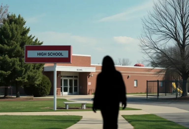 Exterior of a high school with trees and playground, symbolizing student safety.