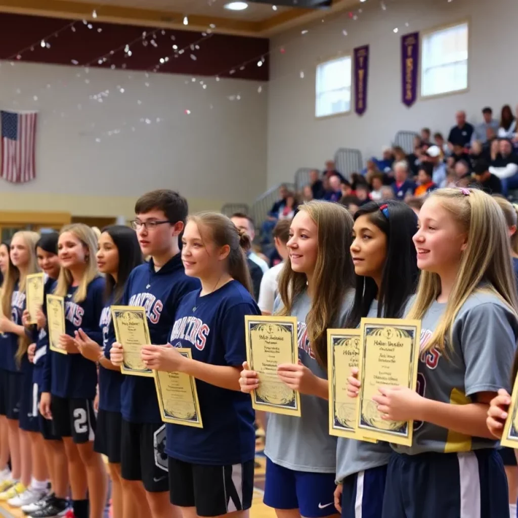 Young athletes celebrating achievements at high school sports awards